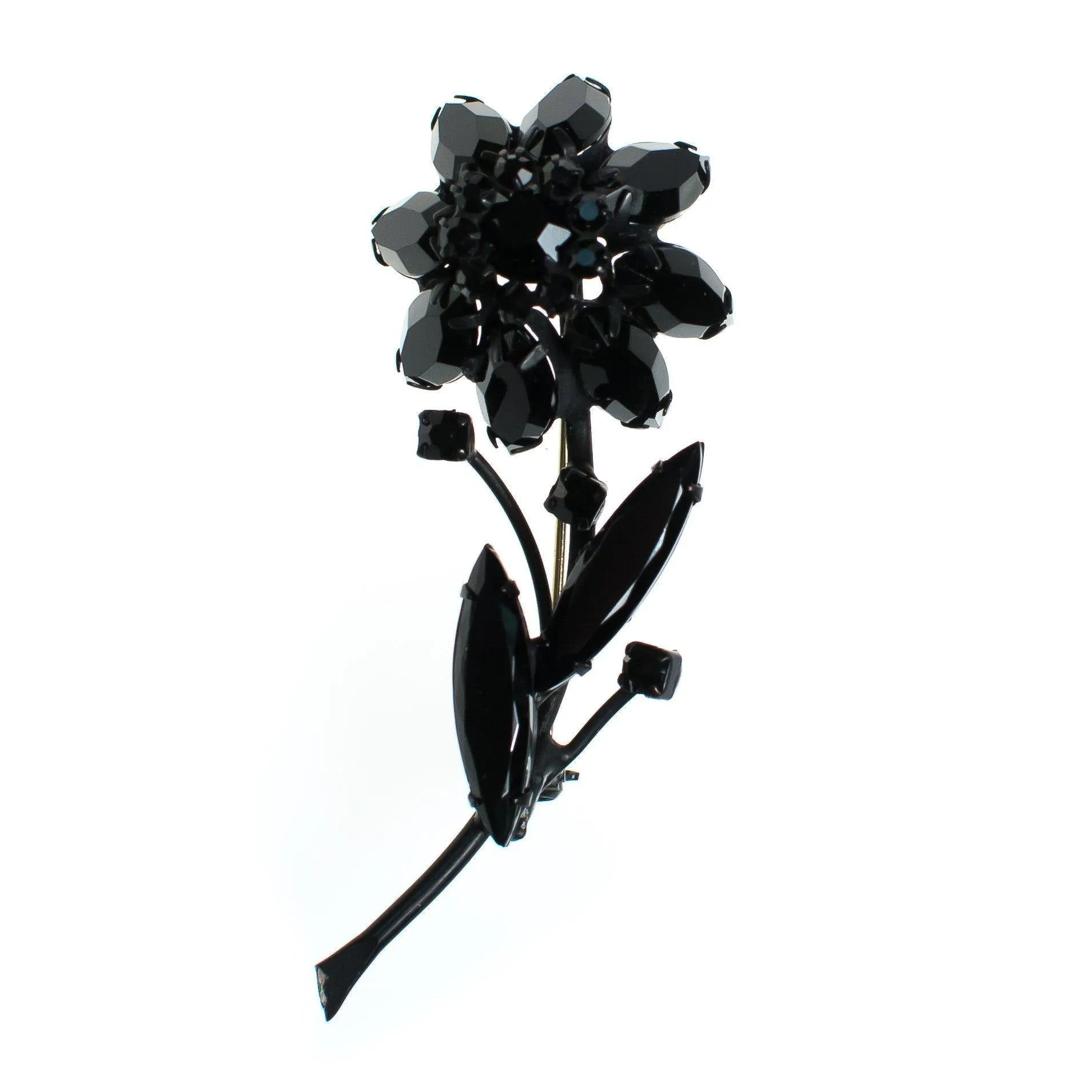 Vintage Black Jet Crystal Flower Brooch Pin Mid Century Modern