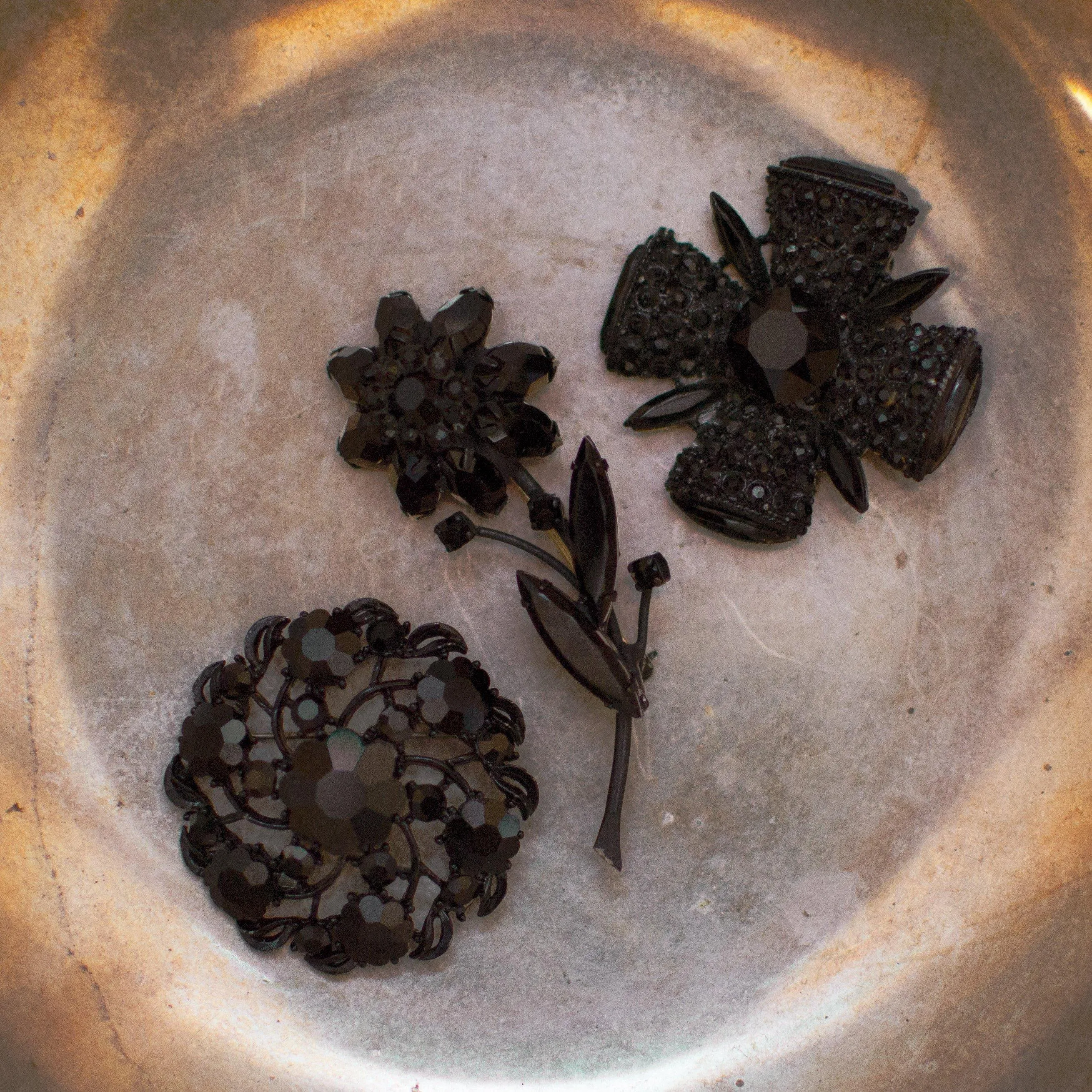 Vintage Black Jet Crystal Flower Brooch Pin Mid Century Modern