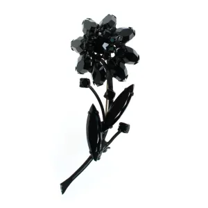 Vintage Black Jet Crystal Flower Brooch Pin Mid Century Modern