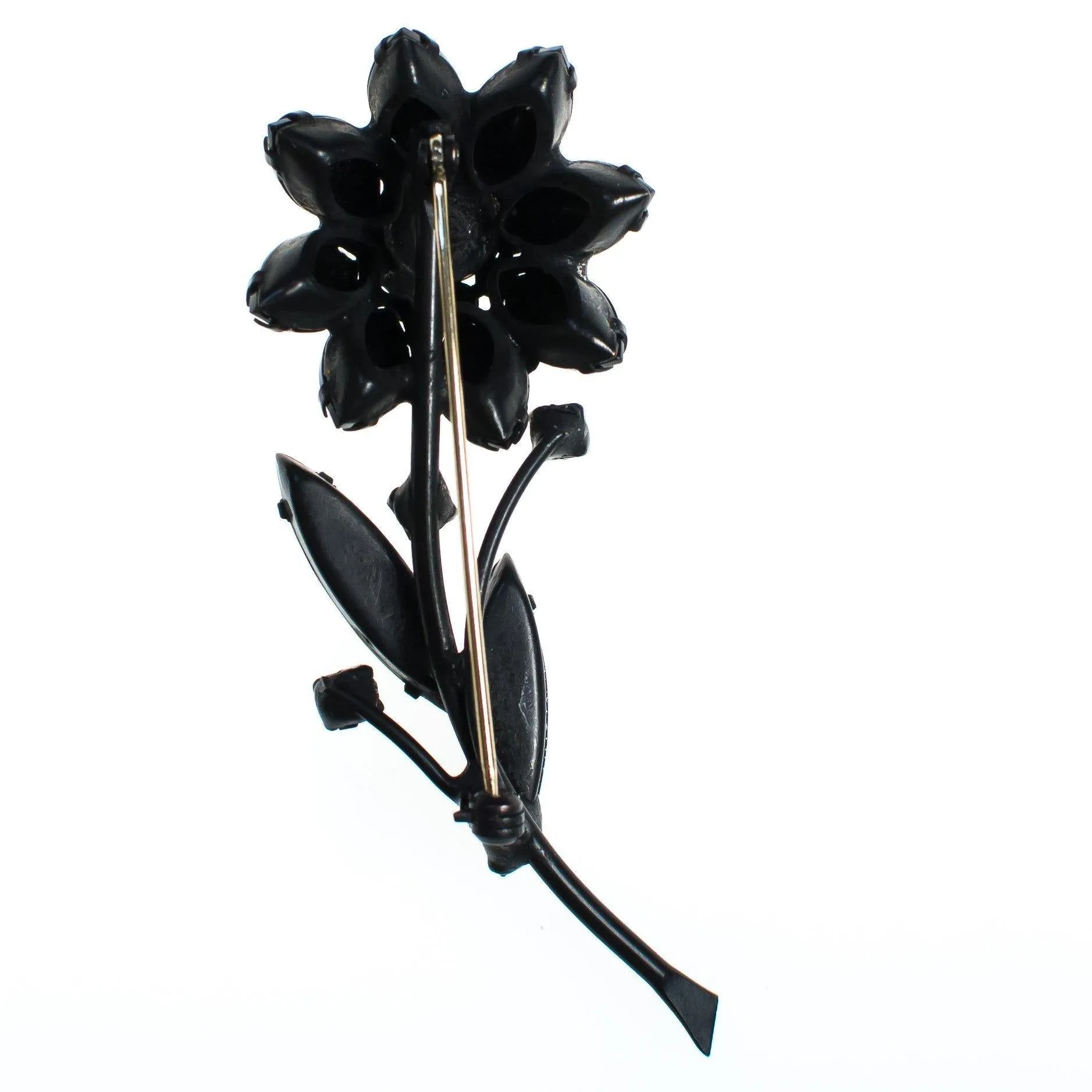 Vintage Black Jet Crystal Flower Brooch Pin Mid Century Modern