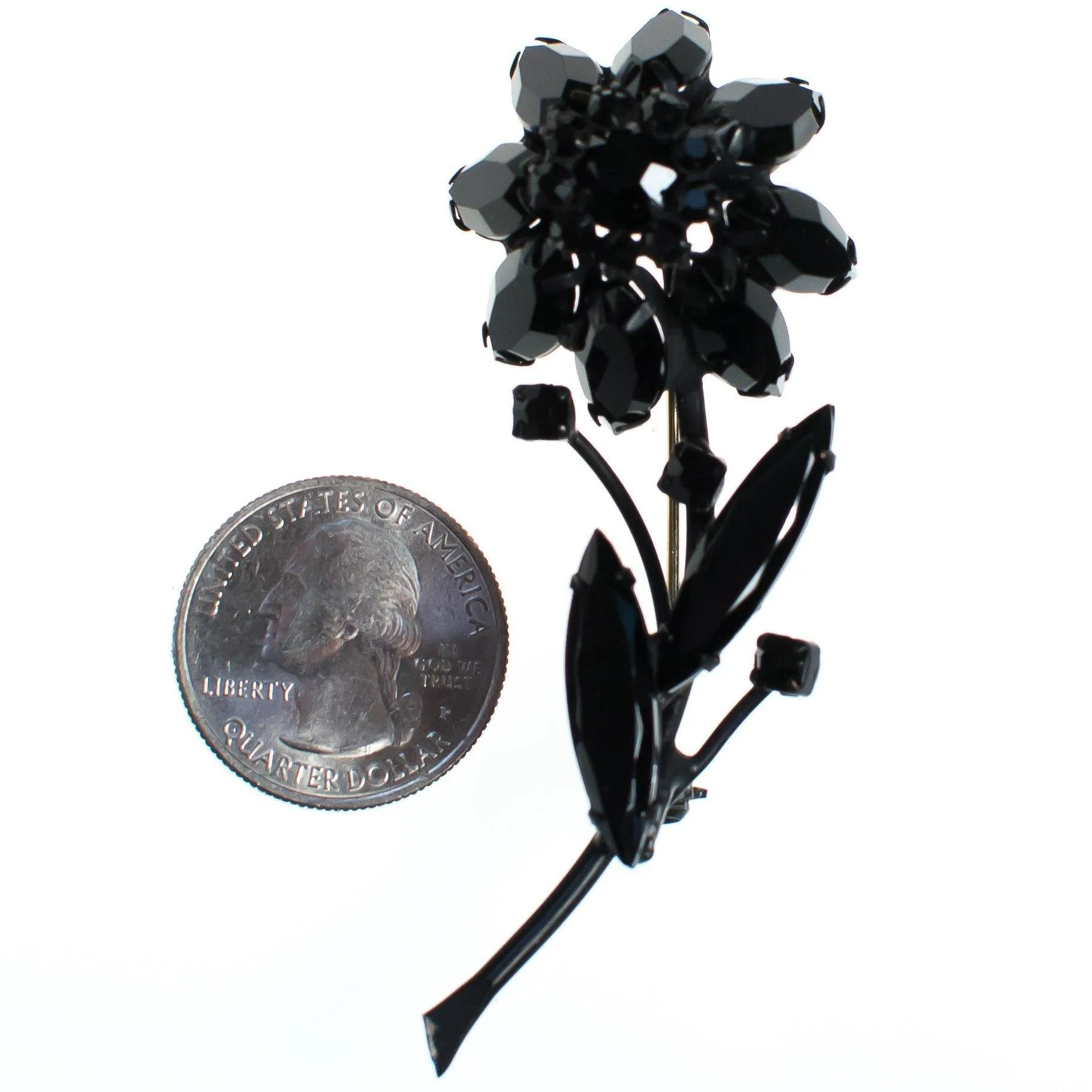 Vintage Black Jet Crystal Flower Brooch Pin Mid Century Modern