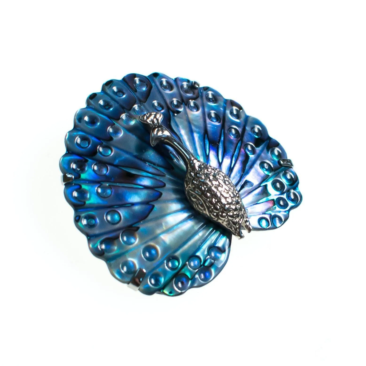 Vintage Blue Abalone Shell Silver Tone Peacock Brooch