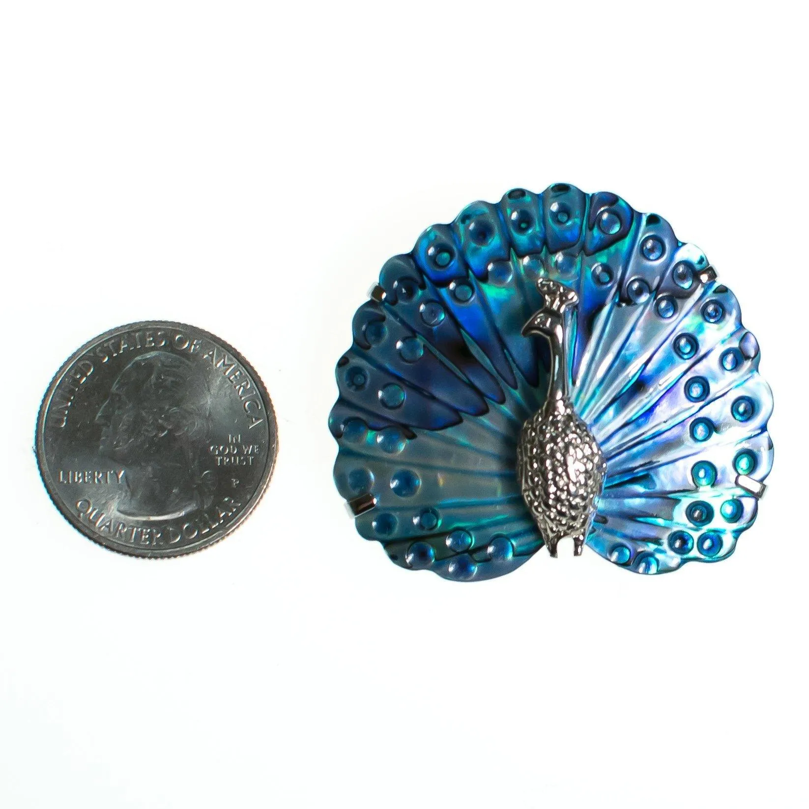 Vintage Blue Abalone Shell Silver Tone Peacock Brooch