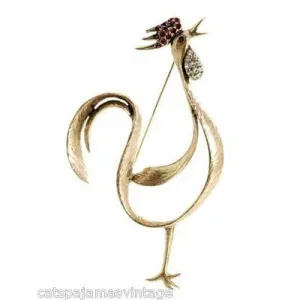 Vintage Brooch Huge Rooster w/Rhinestones Signed Jeanne 1960s