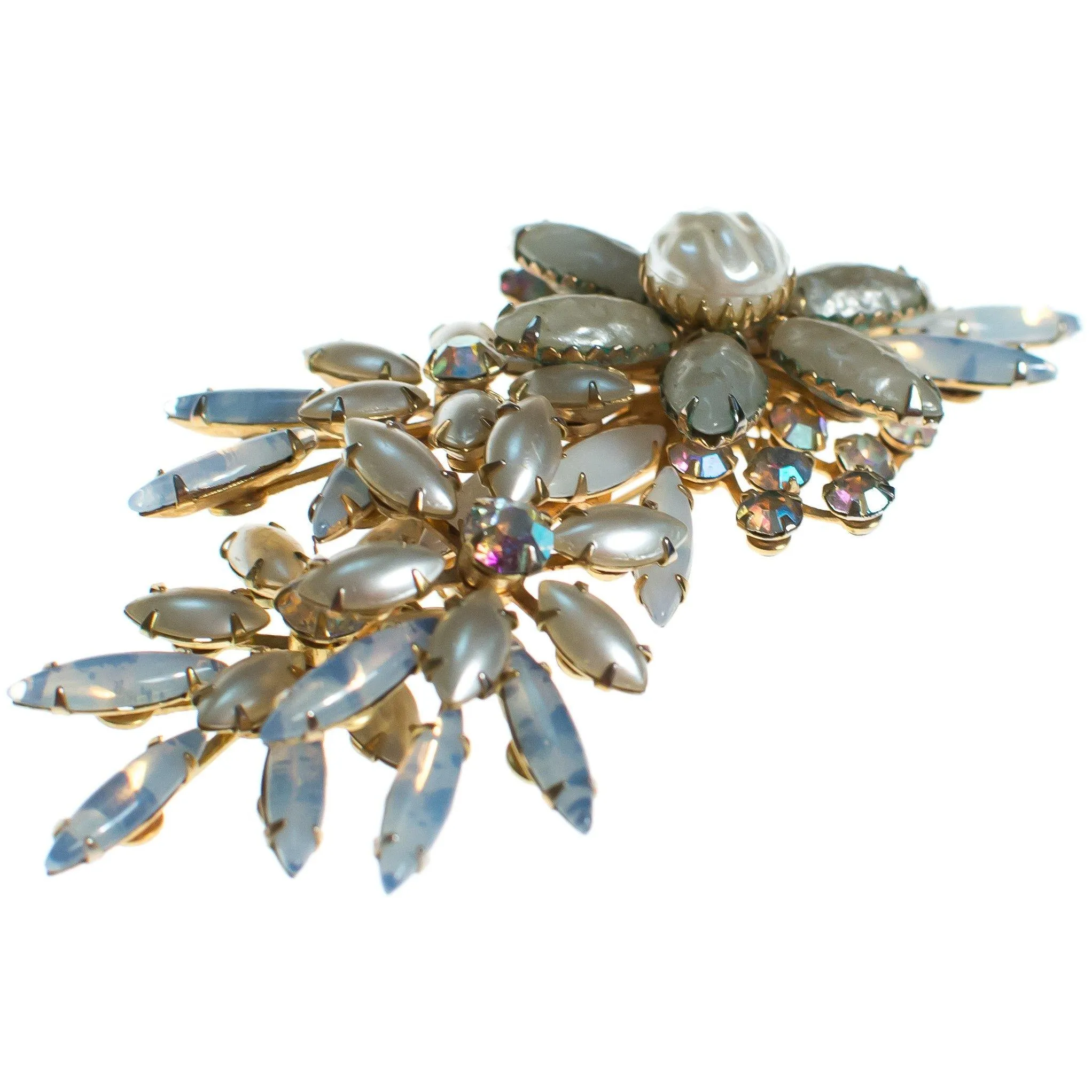 Vintage Judy Lee Faux Pearl and Aurora Borealis Rhinestone Brooch