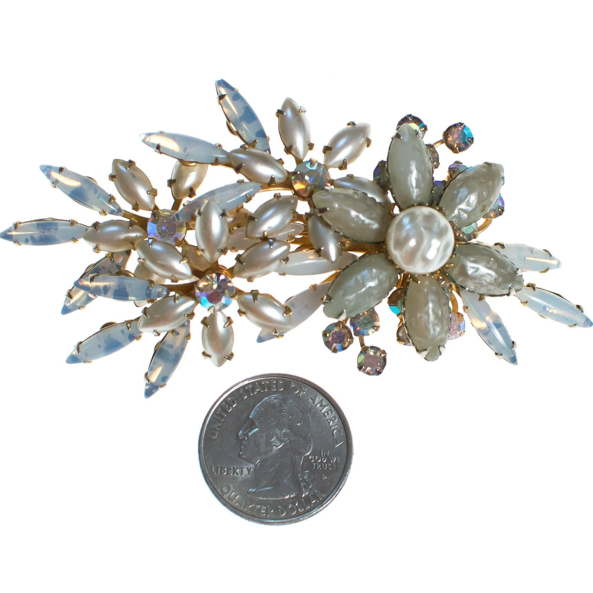 Vintage Judy Lee Faux Pearl and Aurora Borealis Rhinestone Brooch