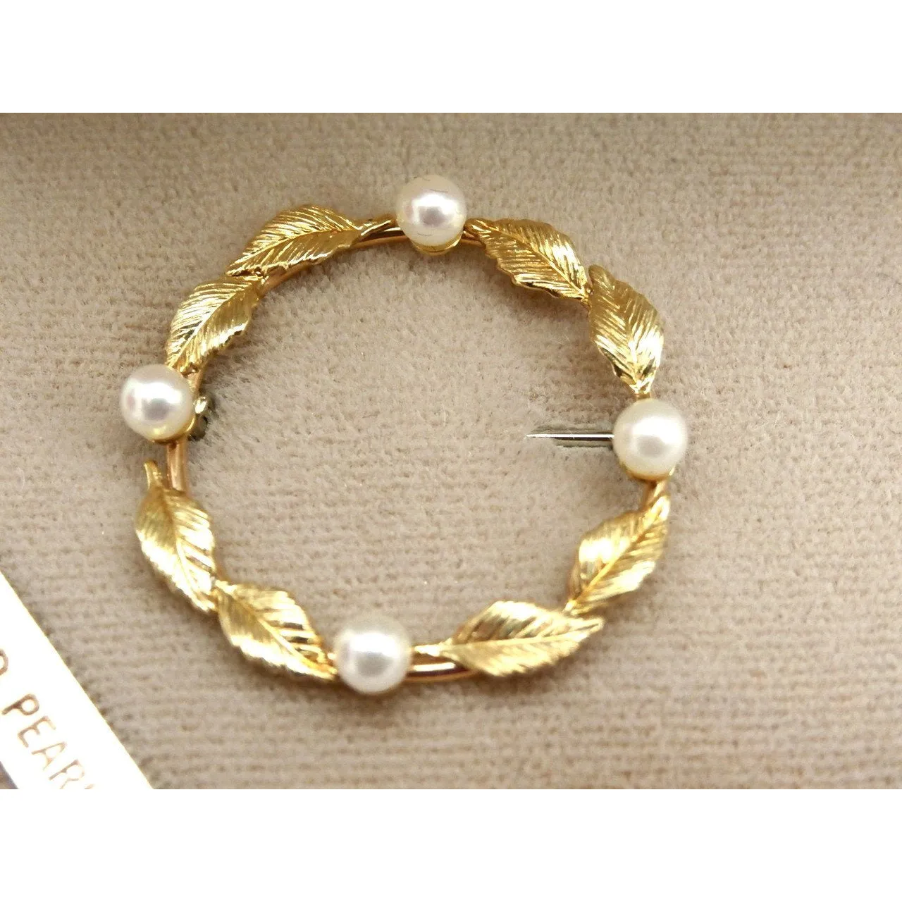 Vintage Krementz 14K Gold Overlay & Genuine Pearls Brooch In Box 1960s
