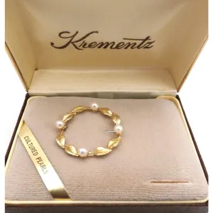 Vintage Krementz 14K Gold Overlay & Genuine Pearls Brooch In Box 1960s