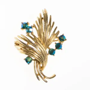 Vintage Lisner Gold Brooch with Peacock Blue Green Iridescent Rhinestones