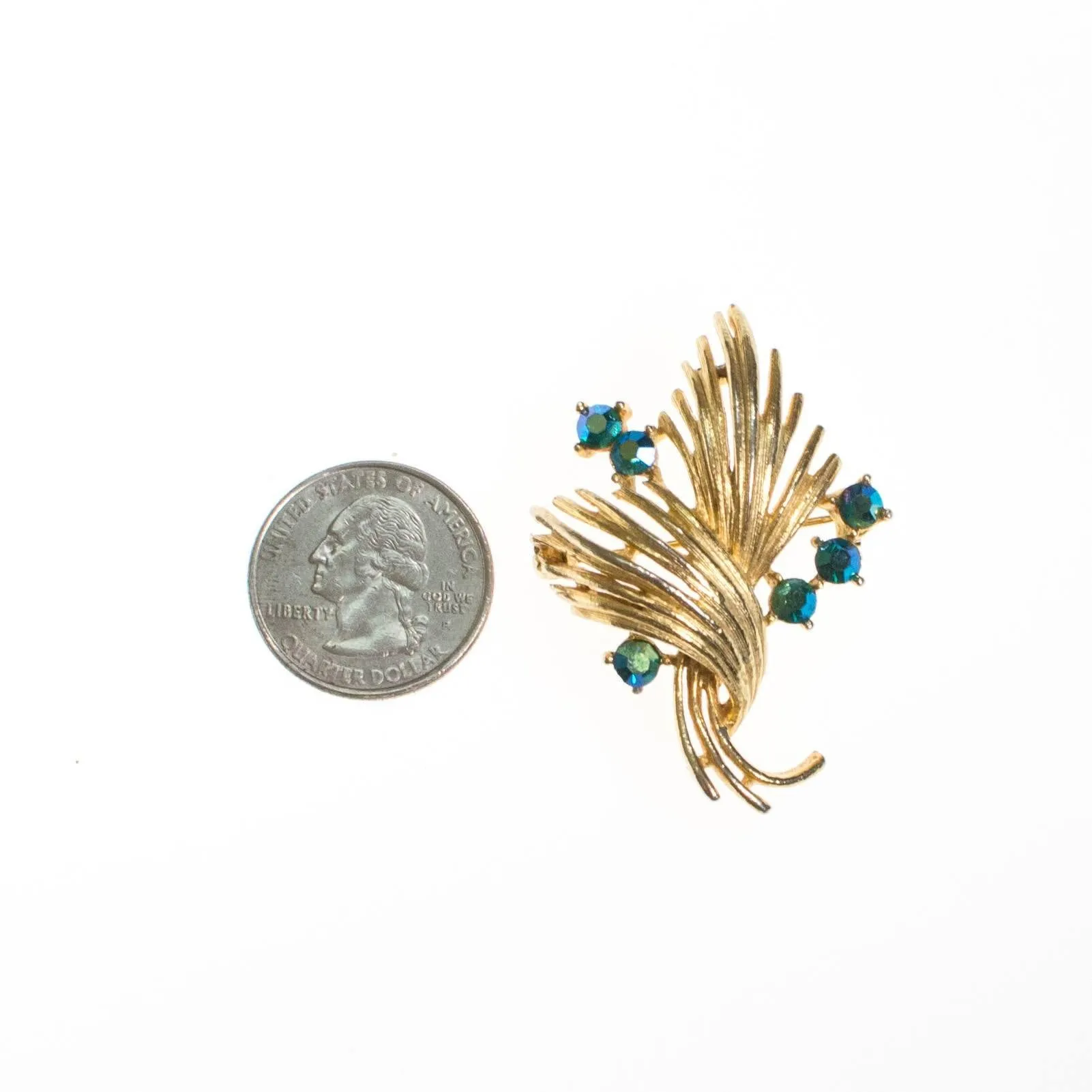 Vintage Lisner Gold Brooch with Peacock Blue Green Iridescent Rhinestones