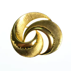 Vintage Mid Century Modern Gold Swirl Brooch, Brushed and Shiny Gold Tone Setting, Brooches and Pins