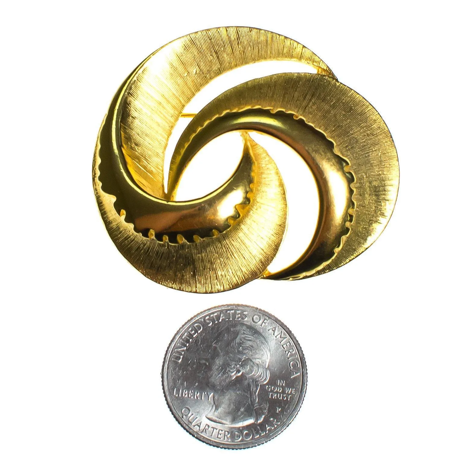 Vintage Mid Century Modern Gold Swirl Brooch, Brushed and Shiny Gold Tone Setting, Brooches and Pins