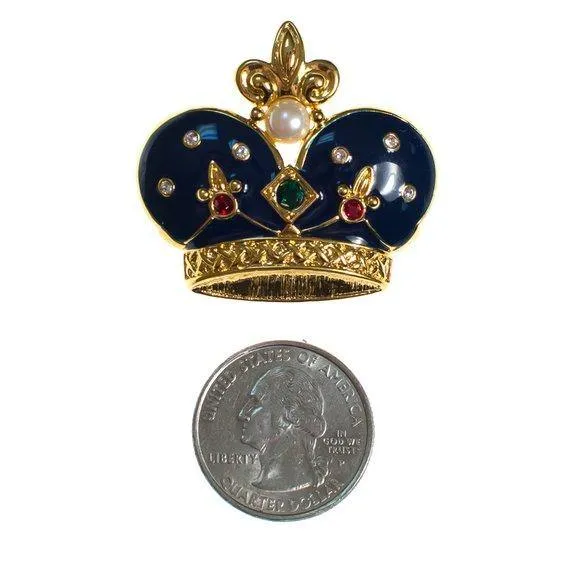 Vintage Napier Royal Crown Brooch Navy Blue Enamel with Jewel Tone Rhinestones and Faux Pearls