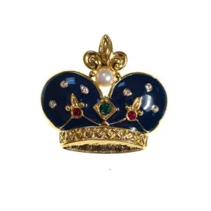 Vintage Napier Royal Crown Brooch Navy Blue Enamel with Jewel Tone Rhinestones and Faux Pearls