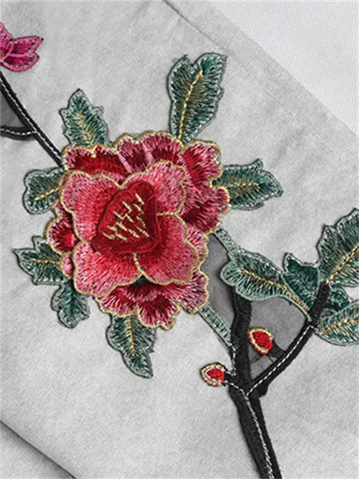 Vintage Style Red Floral Embroidery Grey Slim Fit Denim Jeans for Women