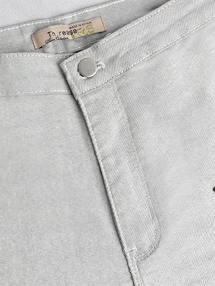 Vintage Style Red Floral Embroidery Grey Slim Fit Denim Jeans for Women