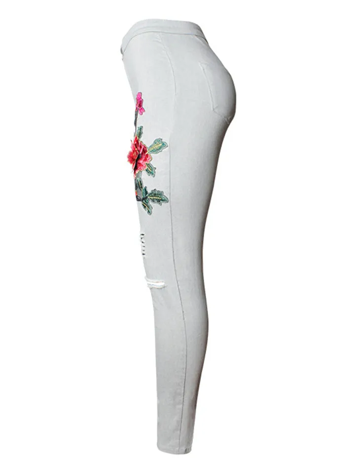 Vintage Style Red Floral Embroidery Grey Slim Fit Denim Jeans for Women
