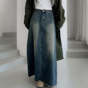 Vintage Vibe Frayed Hem Maxi Denim Skirt
