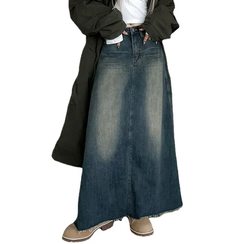 Vintage Vibe Frayed Hem Maxi Denim Skirt