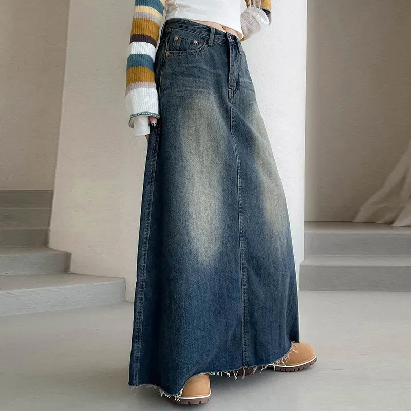 Vintage Vibe Frayed Hem Maxi Denim Skirt
