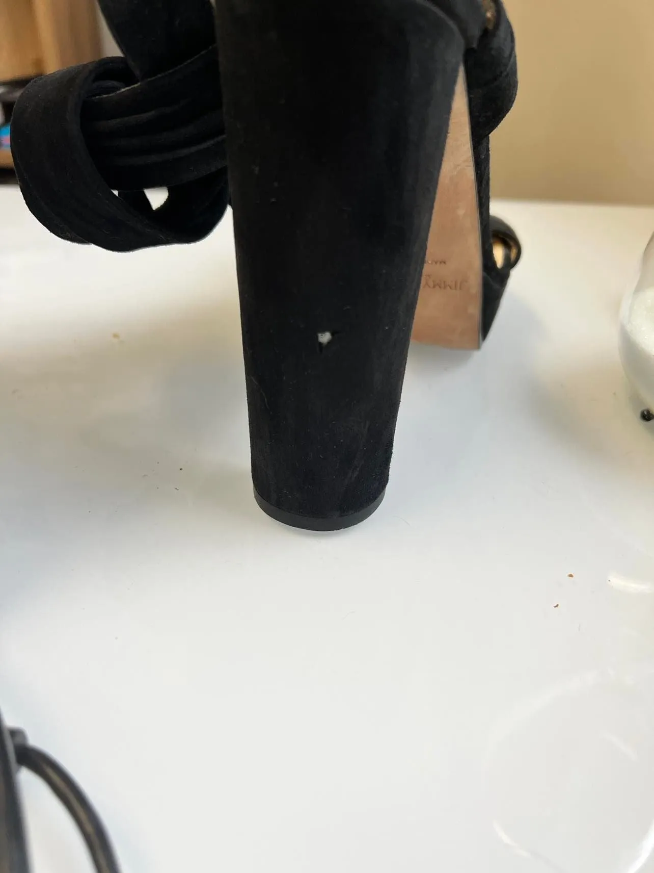 Was store display! AUTHENTIC JIMMY CHOO KAYTRIN HEELS SZ 40, sz 9, BLACK, RETAIL $1000  Note: Has tiny small pin dot of fabric missing from  back heel easy fix!