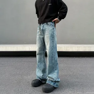 Washed Wide-Leg Distressed Jeans