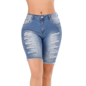 Washed Women's Ripped Frayed Mid Waist Denim Bermuda Shorts