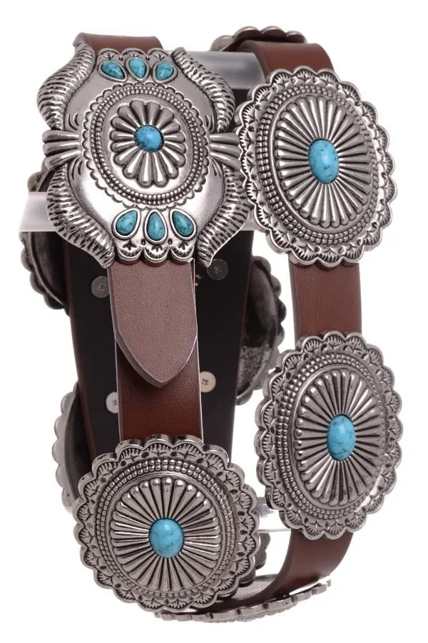 Western Fashion Belt Accessory: Leather with Conchos and Turquoise