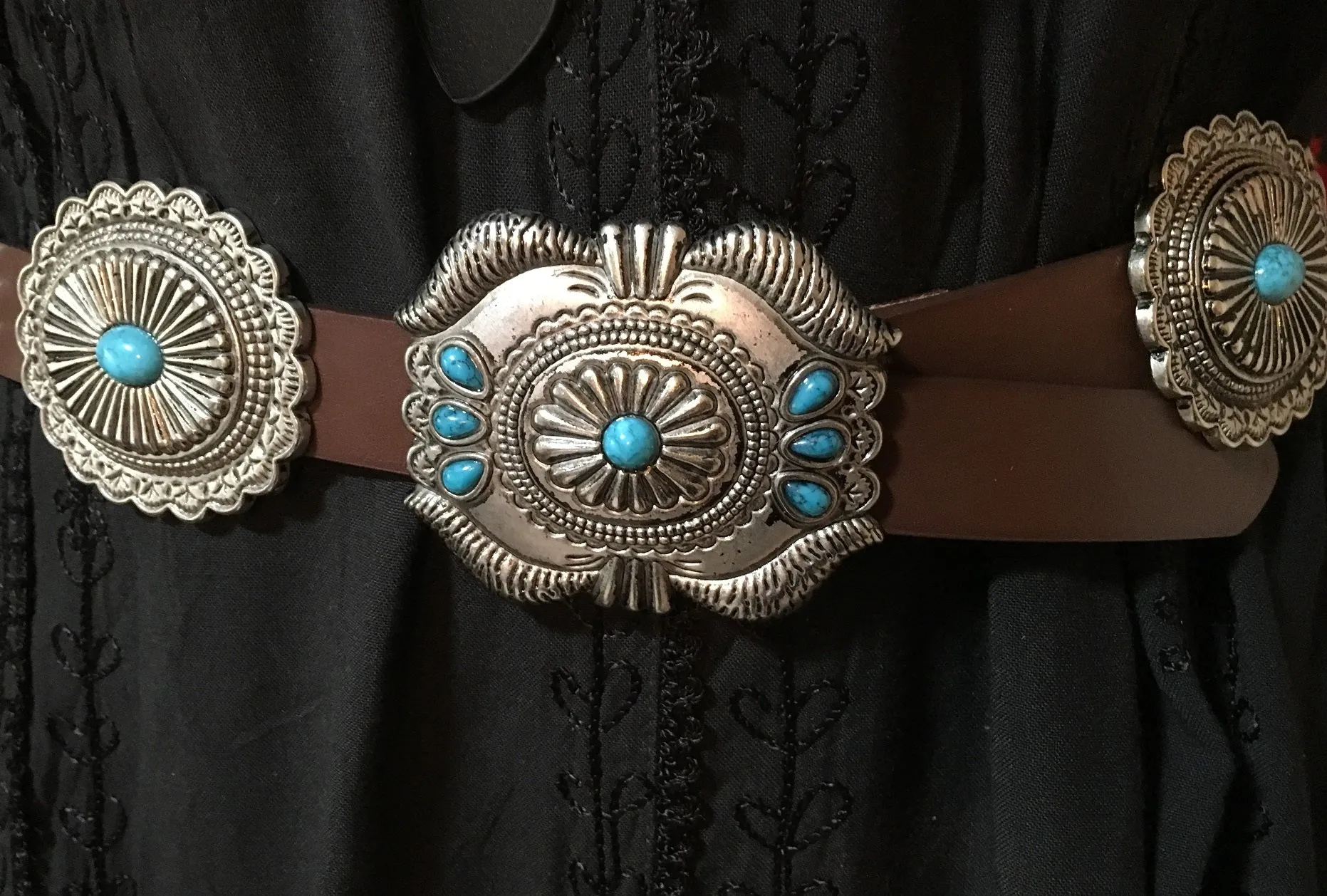 Western Fashion Belt Accessory: Leather with Conchos and Turquoise