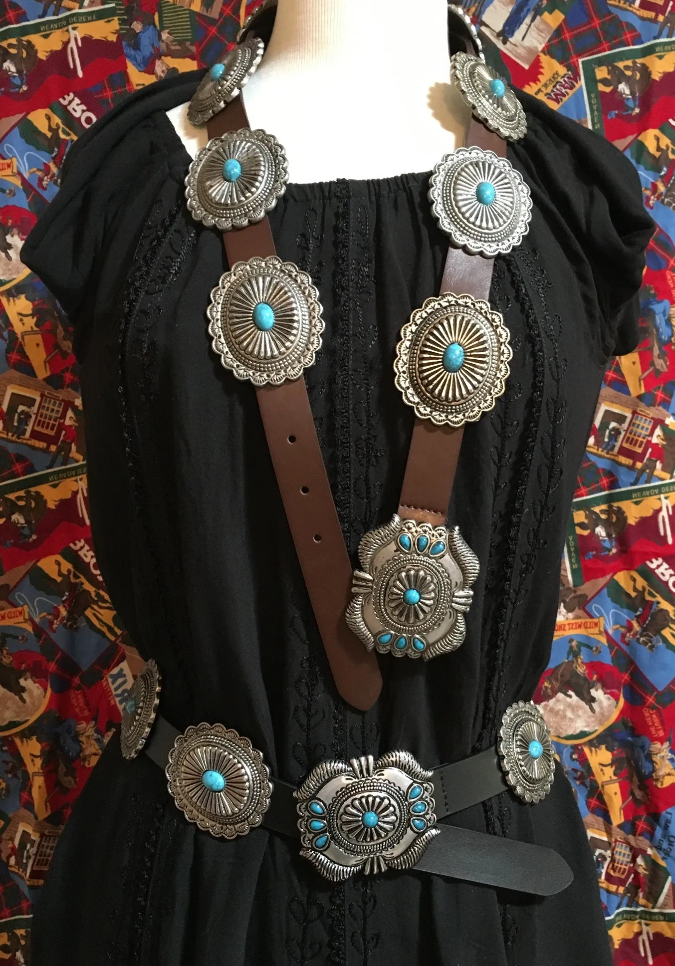 Western Fashion Belt Accessory: Leather with Conchos and Turquoise