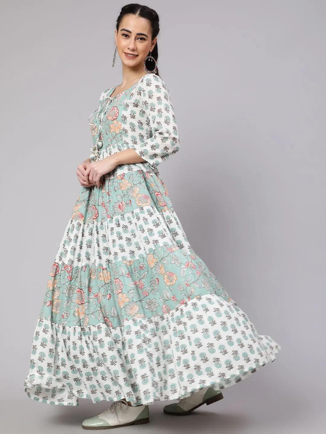 White & Green Floral Print Tiered Maxi Dress