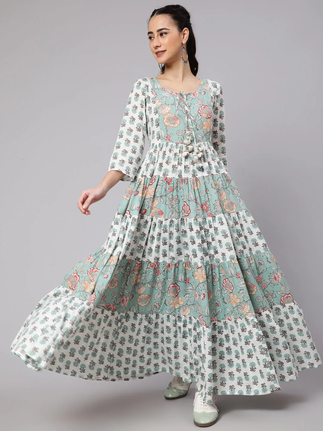 White & Green Floral Print Tiered Maxi Dress