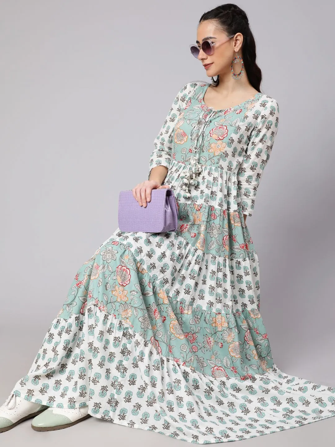 White & Green Floral Print Tiered Maxi Dress