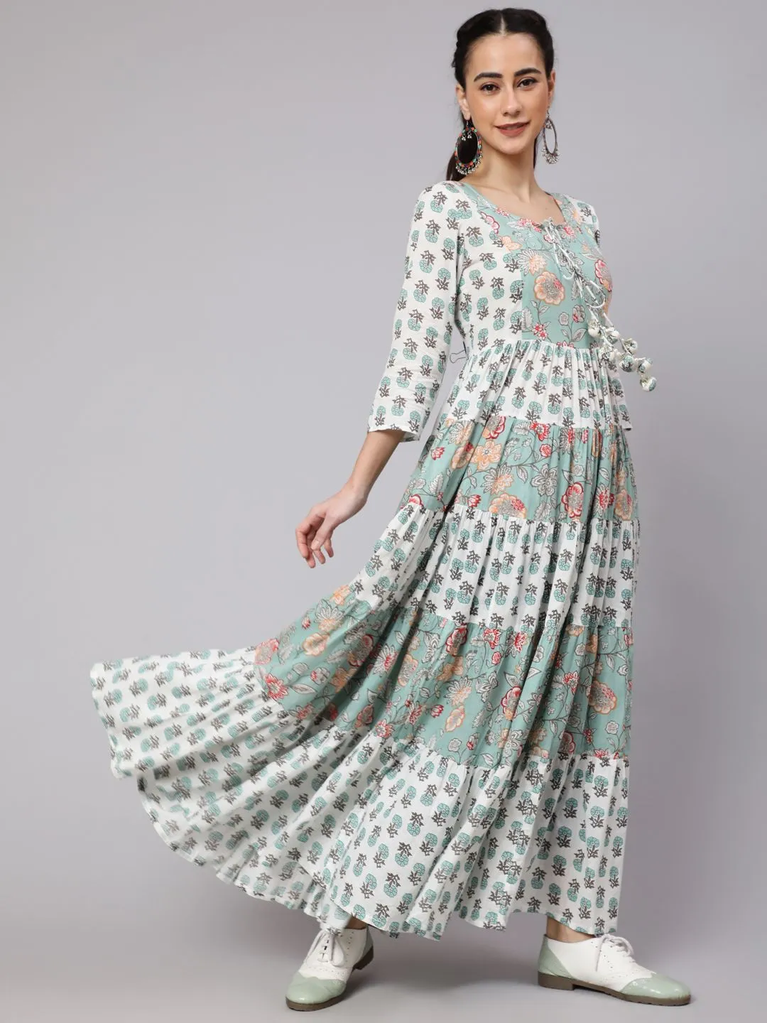 White & Green Floral Print Tiered Maxi Dress