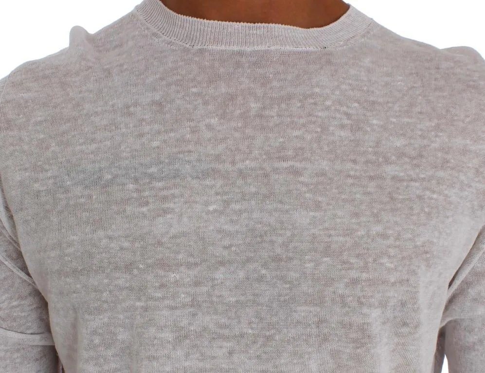 White Linen Crewneck Long Sleeve Sweater
