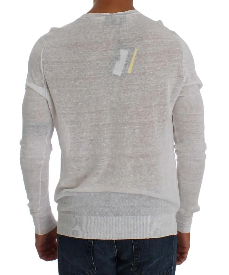 White Linen Crewneck Long Sleeve Sweater