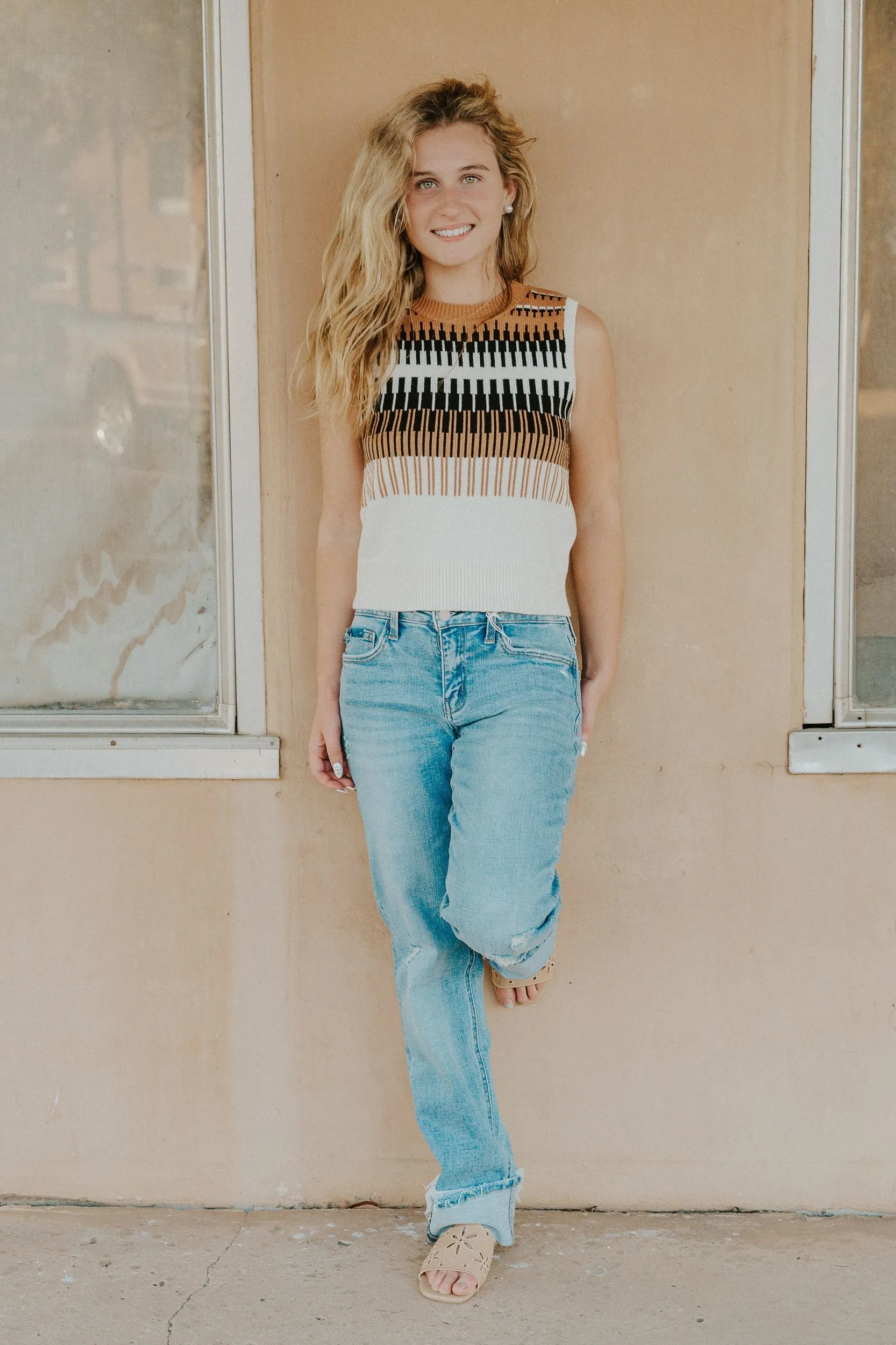 White/Tan Multi Print Sleeveless Sweater MWT7161