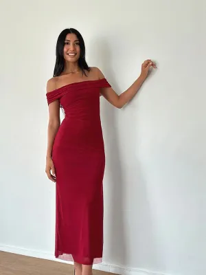 Wine Off-Shoulder Fited Maxi