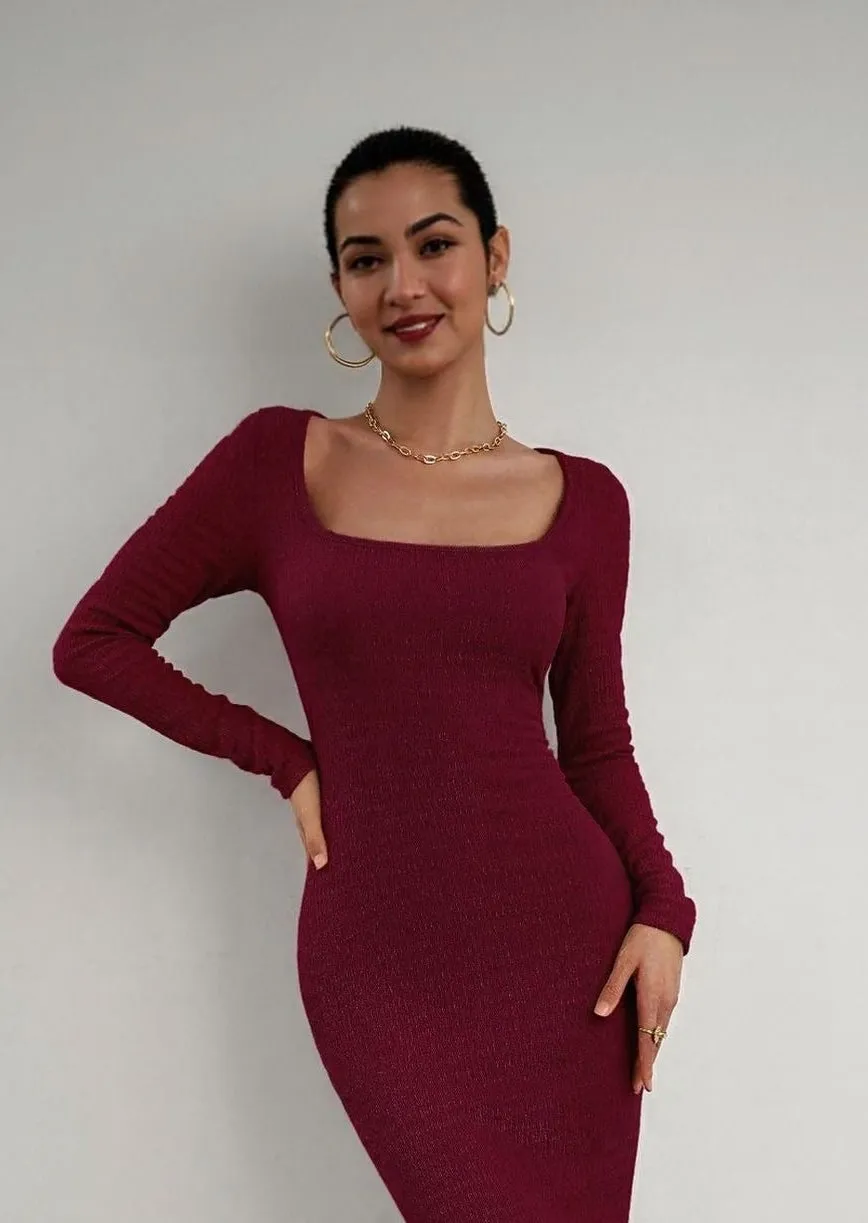 Wine Square Neck Textured Maxi Dress
