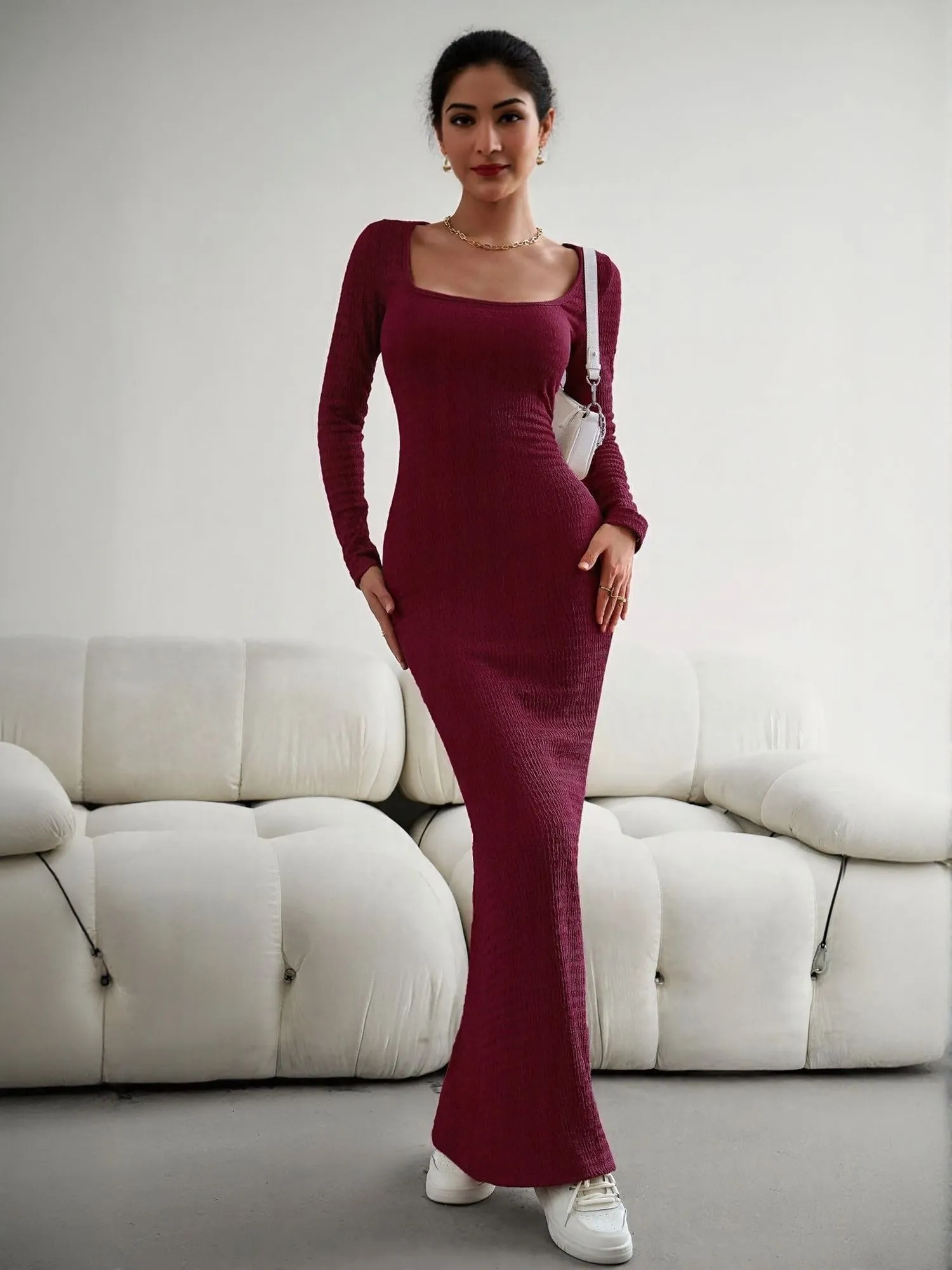 Wine Square Neck Textured Maxi Dress