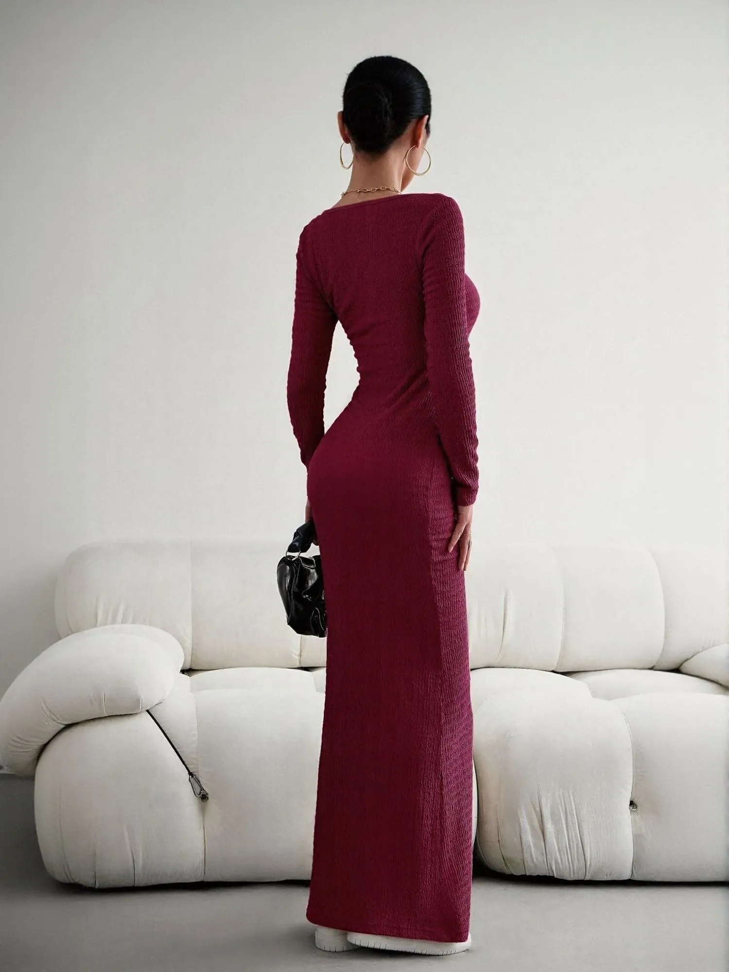 Wine Square Neck Textured Maxi Dress