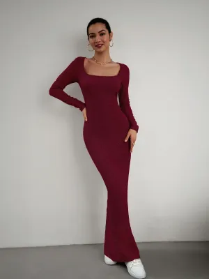 Wine Square Neck Textured Maxi Dress