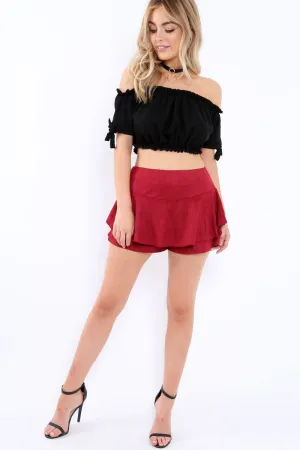 Wine Suedette Frill High Waisted Shorts - Claudelle