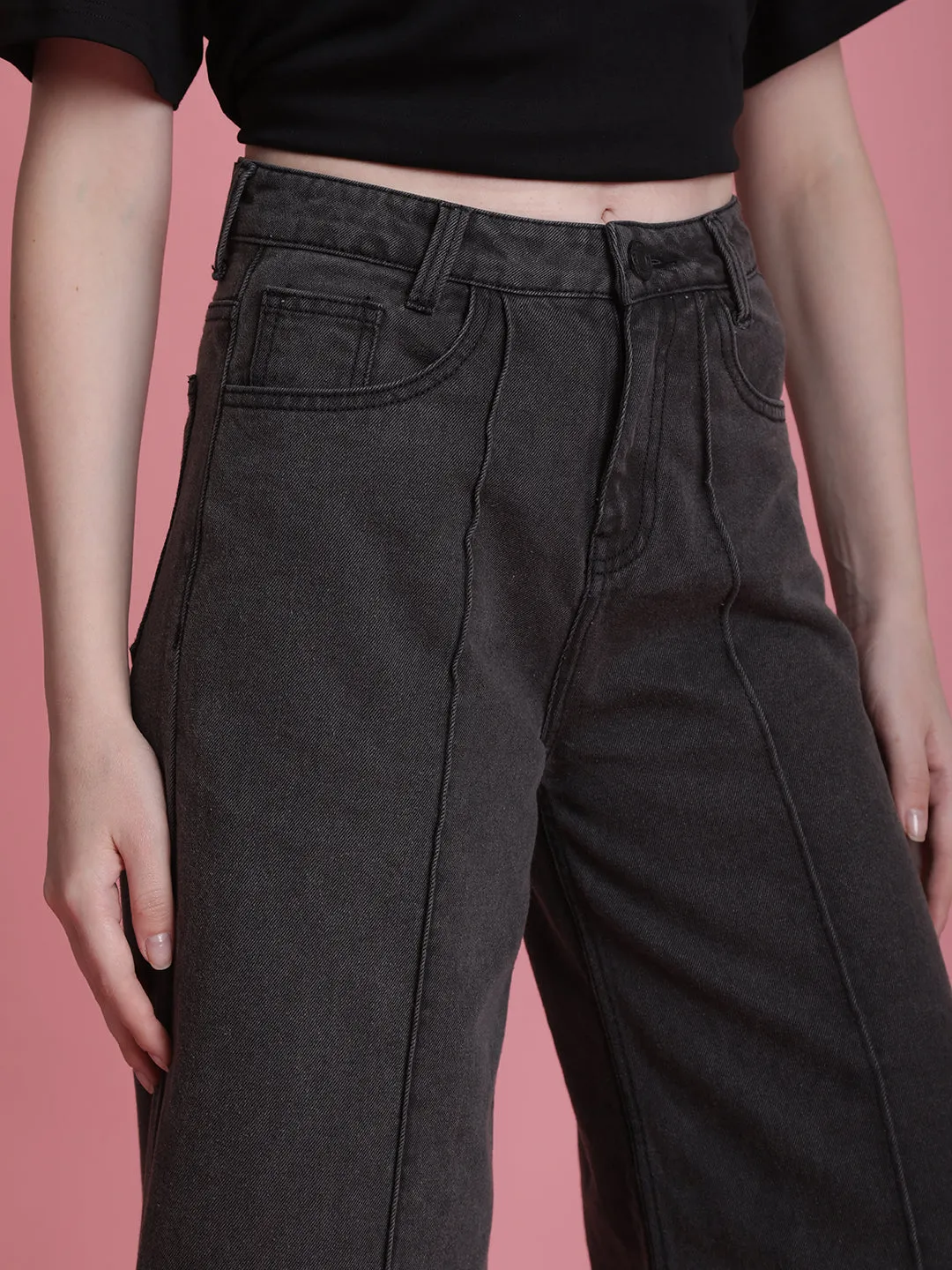 Women Grey Wide leg Solid Jeans