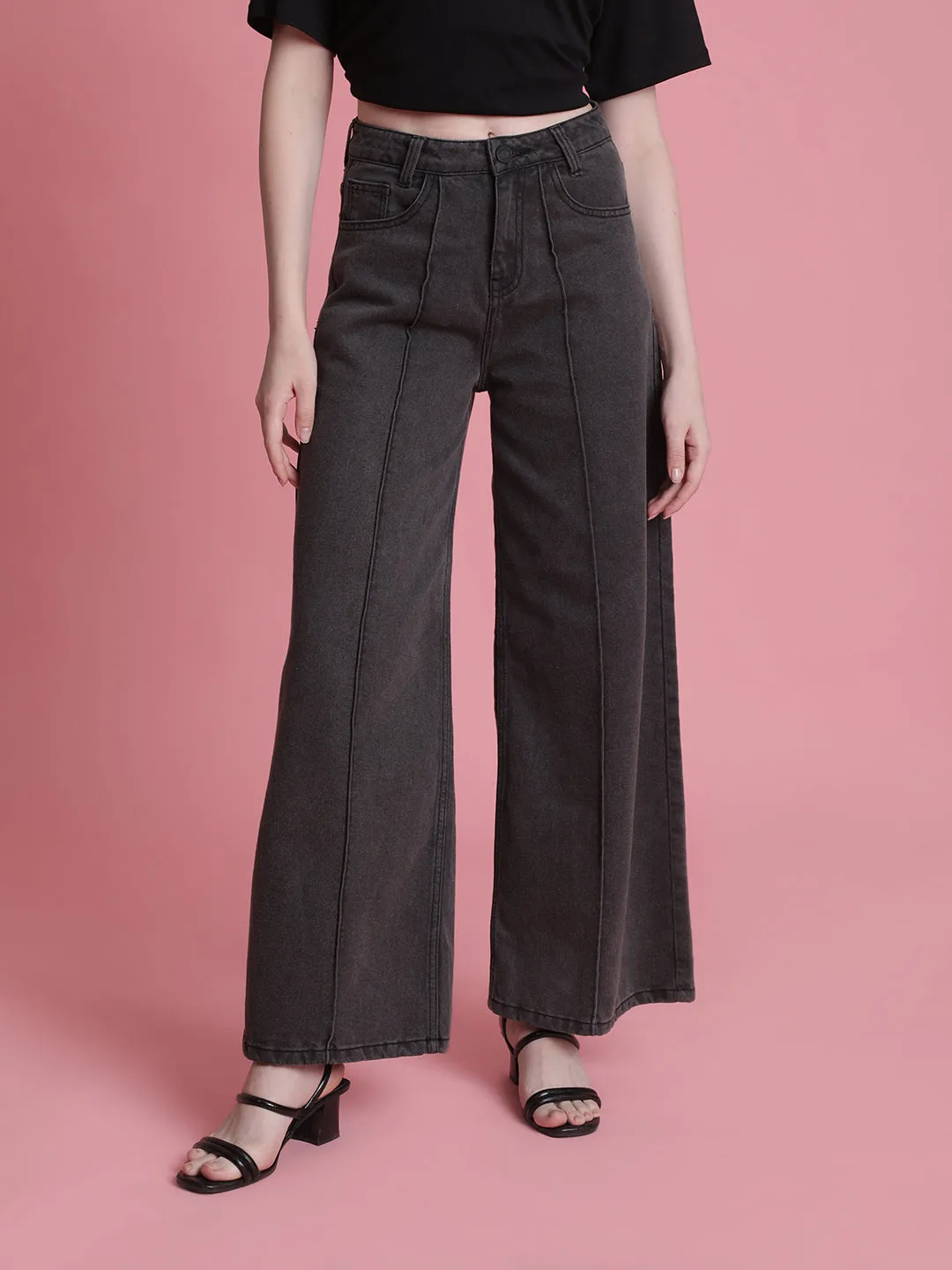 Women Grey Wide leg Solid Jeans