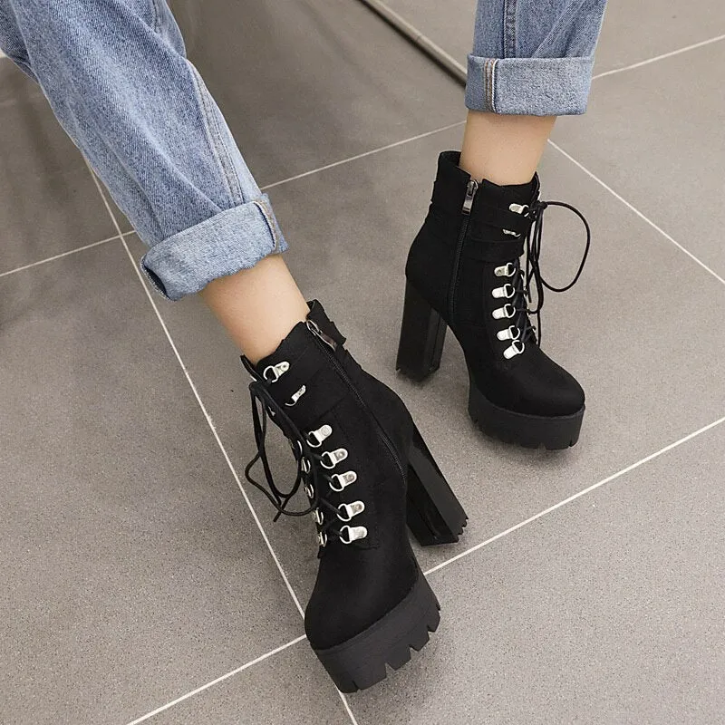Women Platform Block Heel Motorcycle Boots