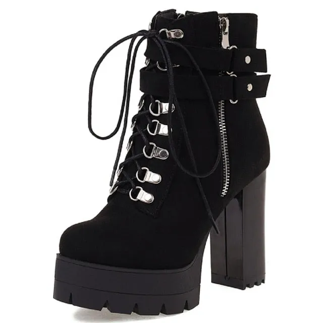 Women Platform Block Heel Motorcycle Boots