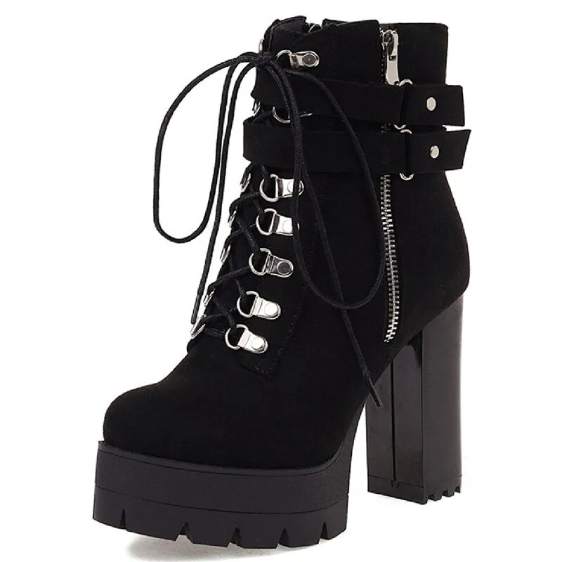 Women Platform Block Heel Motorcycle Boots