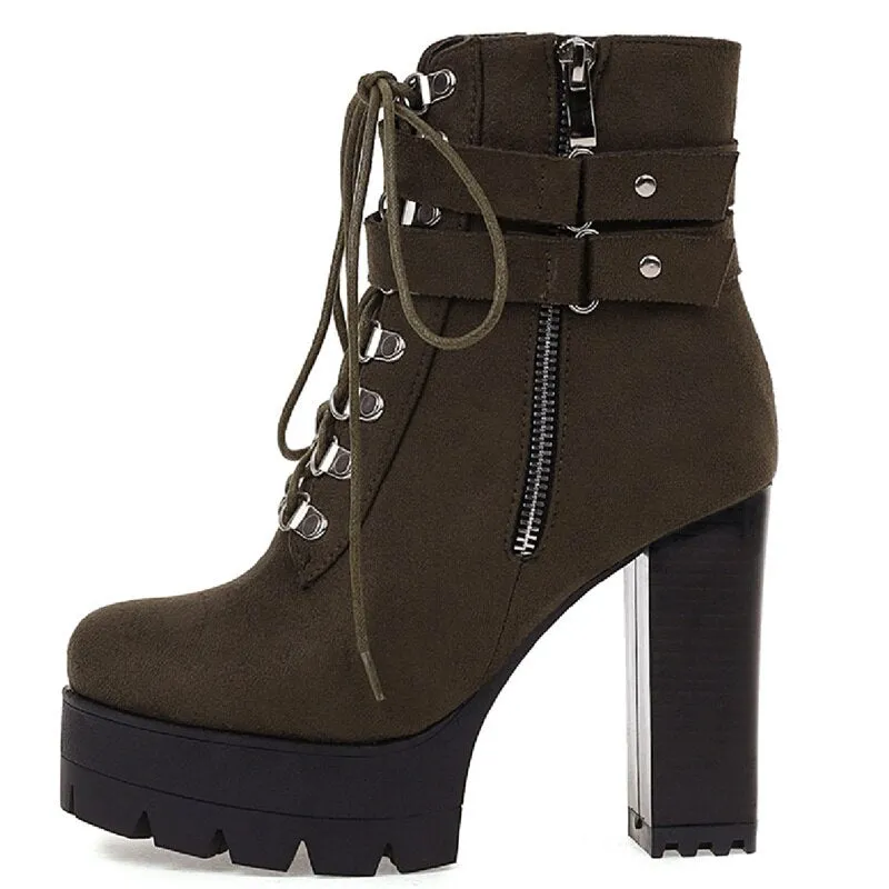 Women Platform Block Heel Motorcycle Boots