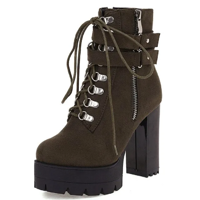 Women Platform Block Heel Motorcycle Boots